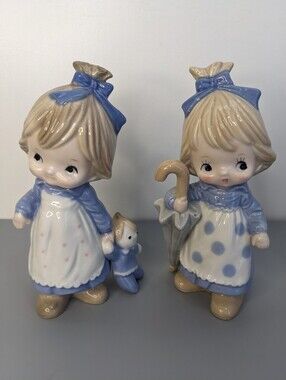 Vintage Japan Bisque Child Figurine Pair Umbrella Girl And Sister 1970s Like New